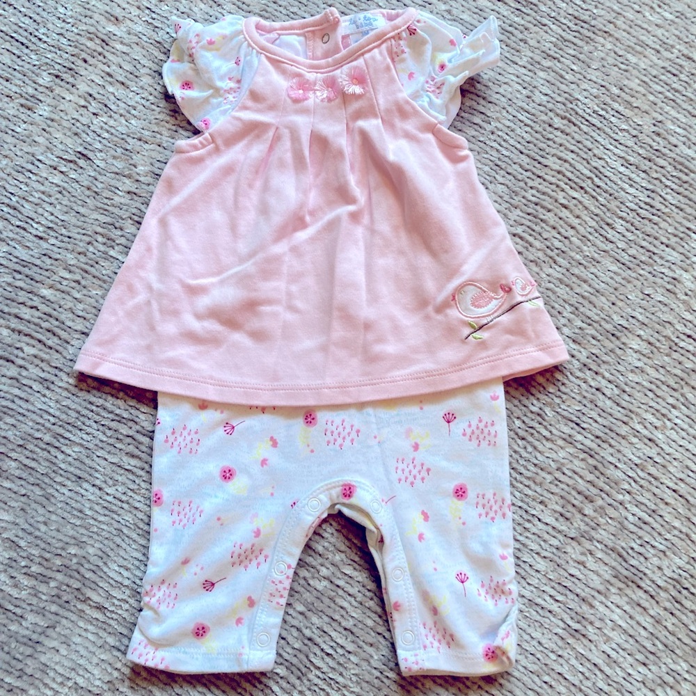 Le Top Bébé Pink Bird Embroidered One Piece Outfit Romper‎ 3M